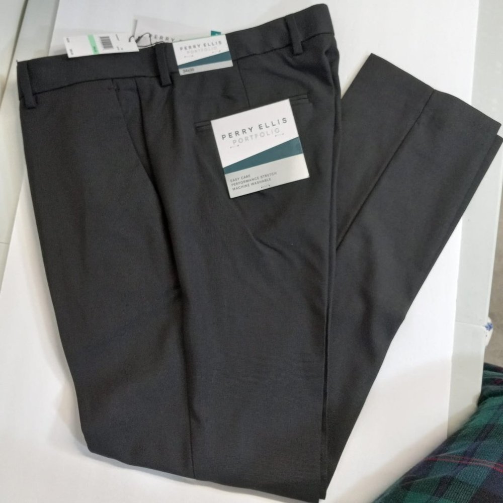 Perry Ellis Portfolio Charcoal Very Slim Fit Dress Casual Work Pants 34Wx30L NWT